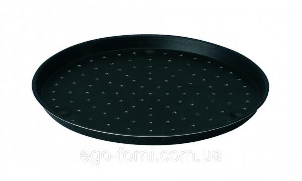 Pizza baking dish perforated with non-stick coating
